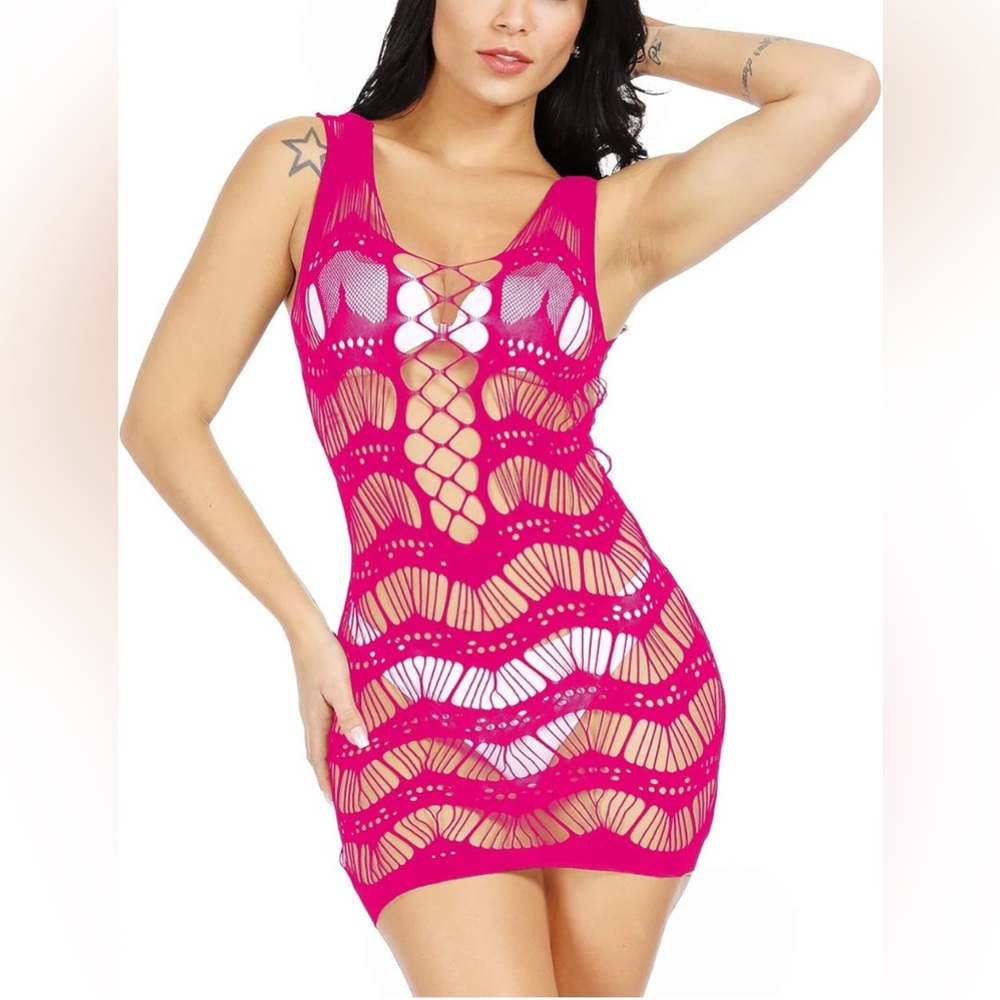 Sexy Dress Lingerie Bodystocking Fishnet Stripper Hotwife Hot Pink Short Outfit